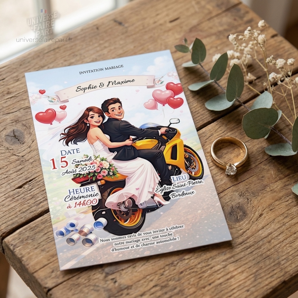 N°393bis- Faire-part cartoon mariage moto humour 1 face