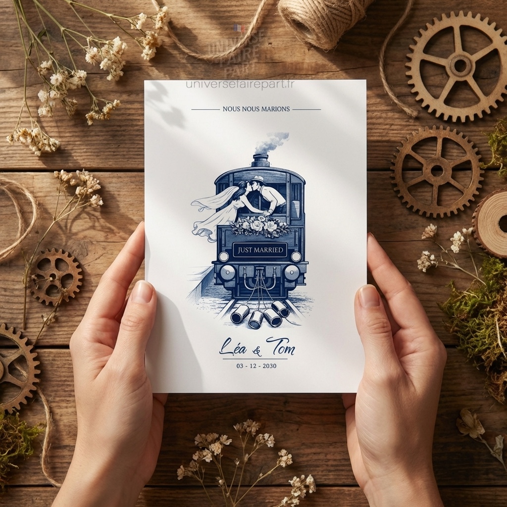 N°583 – Faire-part train voyage  Mariage Élégance Intemporelle