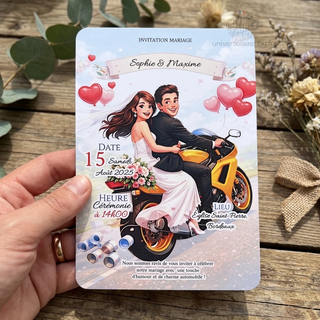 N°393bis- Faire-part cartoon mariage moto humour 1 face