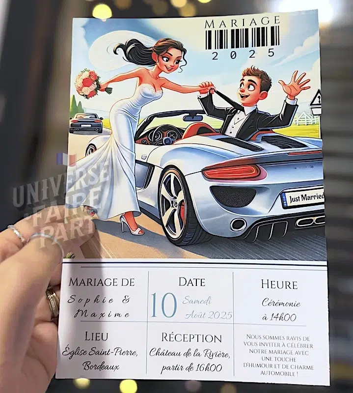 N°575- Faire-part  cartoon mariage voiture humour