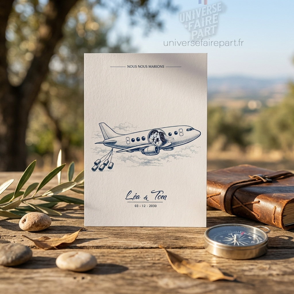 N°584 – Faire-part avion voyage  Mariage Élégance Intemporelle