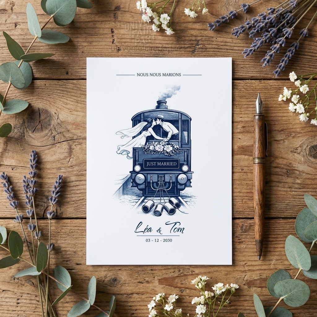 N°583 – Faire-part train voyage Mariage Élégance Intemporelle