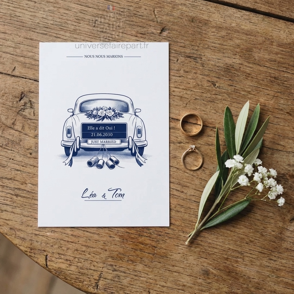 N°575bis - Faire-part mariage voiture élégance intemporel