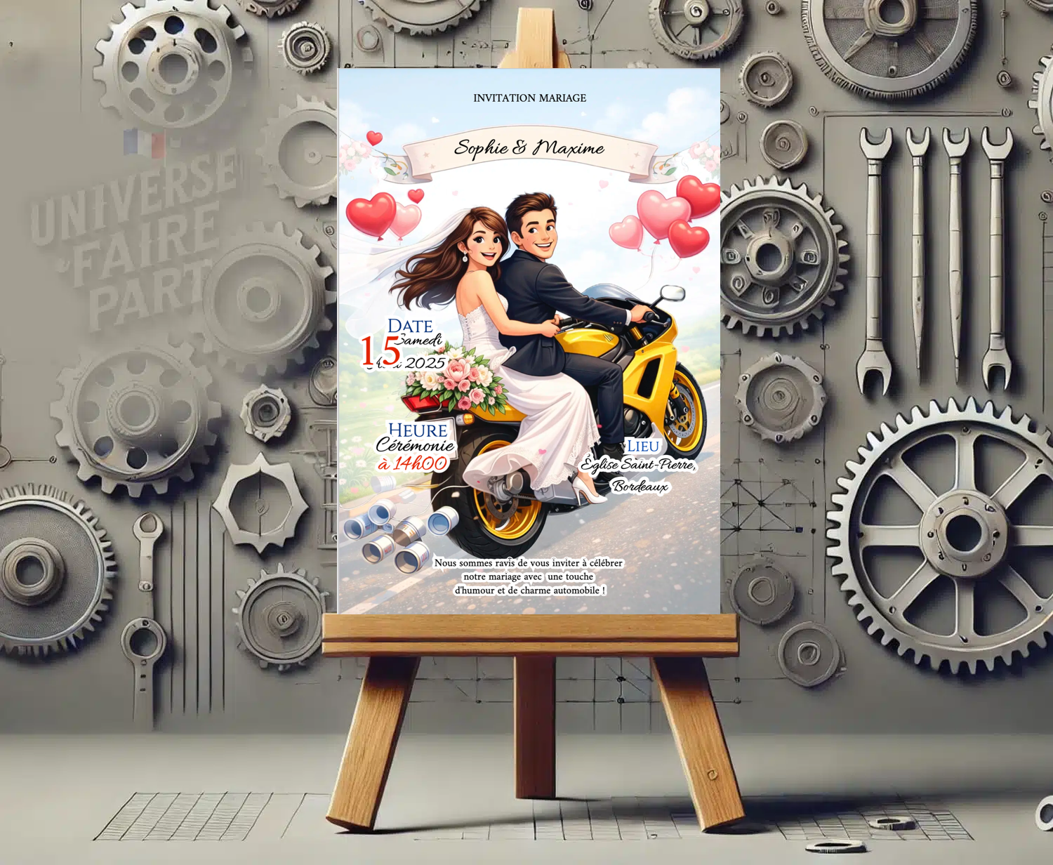 N°393bis- Faire-part cartoon mariage moto humour 1 face