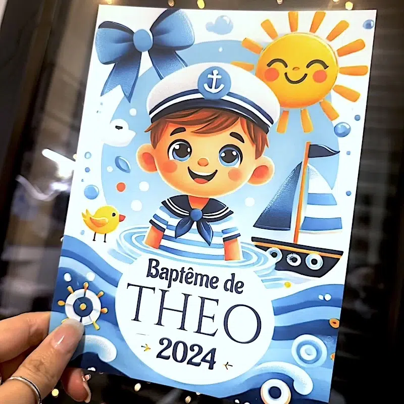 N°319- Faire-part Le Petit Navire, entre bateau, dauphin et mer enchantée