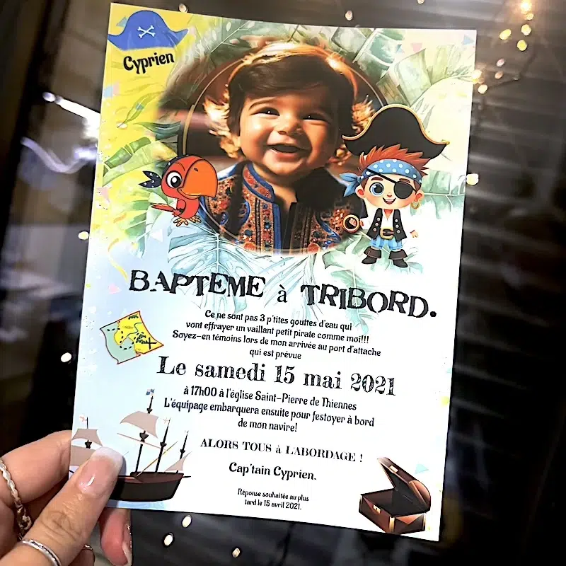 N°332 – Faire-part invitation petit pirate baptême