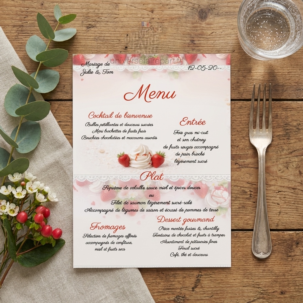 N°172.5  Carte menu mariage gourmandise fraises & chantilly raffinée