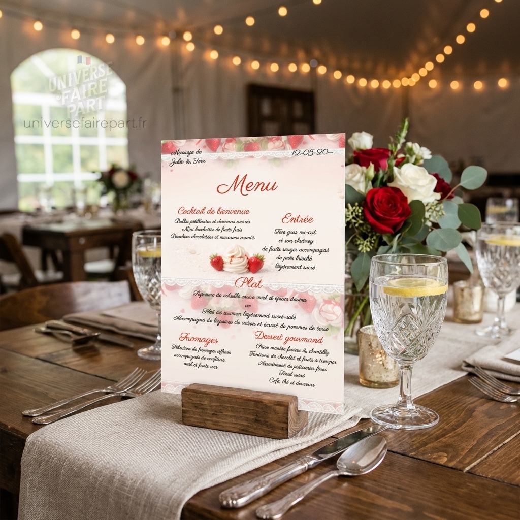 N°172.5  Carte menu mariage gourmandise fraises & chantilly raffinée