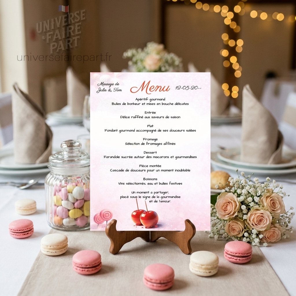 N°256.5 Menu mariage mariage gourmandise pomme d&rsquo;amour rouge