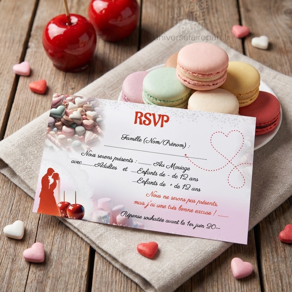N°256.2 Carton réponse mariage gourmandise pomme d’amour rouge