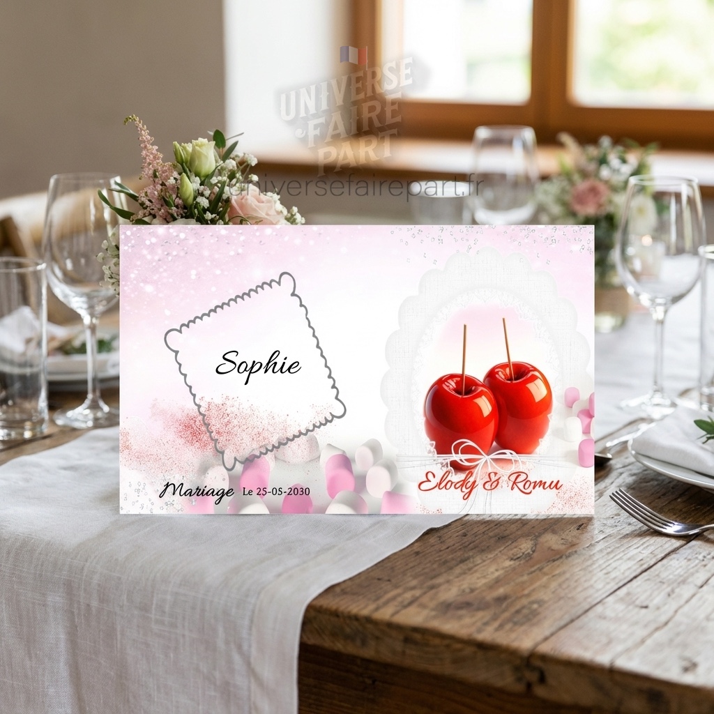 N°256.3  porte nom mariage gourmandise pomme d&rsquo;amour rouge