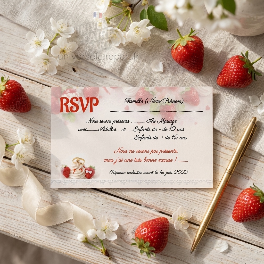 N°172.1  Carton réponse mariage gourmandise fraises & chantilly raffinée