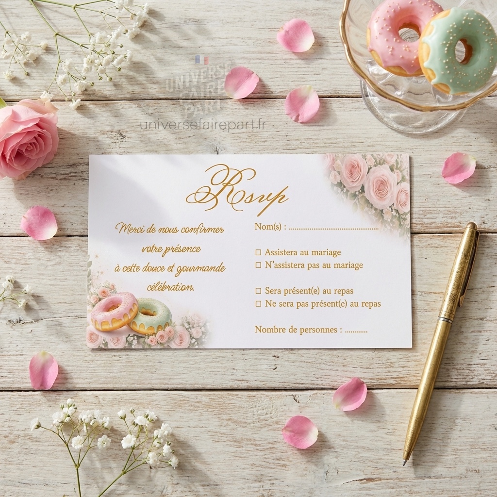N°351.2  Carton réponse mariage gourmandise donuts pastel entrelacés