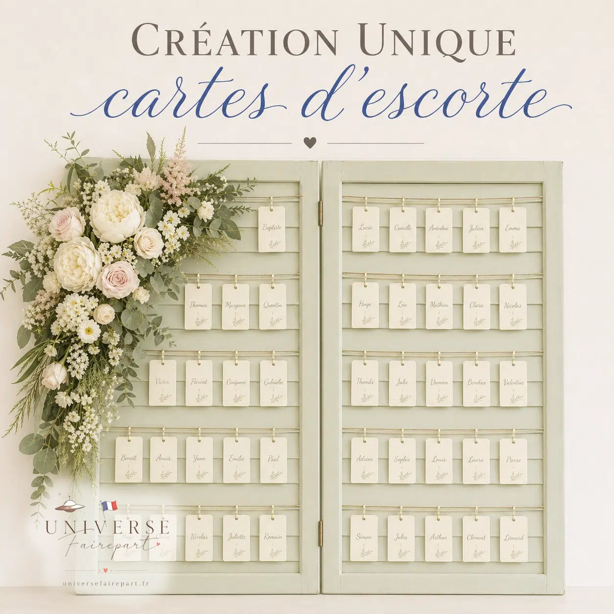 Création Unique  Cartes d&rsquo;escortes : Des petites cartes indiquant le nom de chaque invité