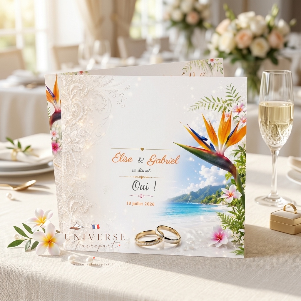 N°440 Faire-part Mariage Tropical Chic Oiseaux du Paradis