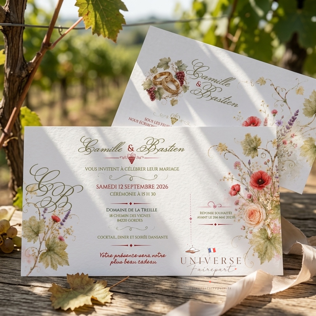 N°537 Faire-part  mariage vigne d&rsquo;amour raffiné