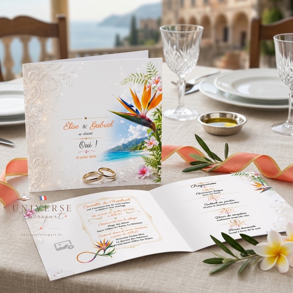 N°440 Faire-part Mariage Tropical Chic Oiseaux du Paradis