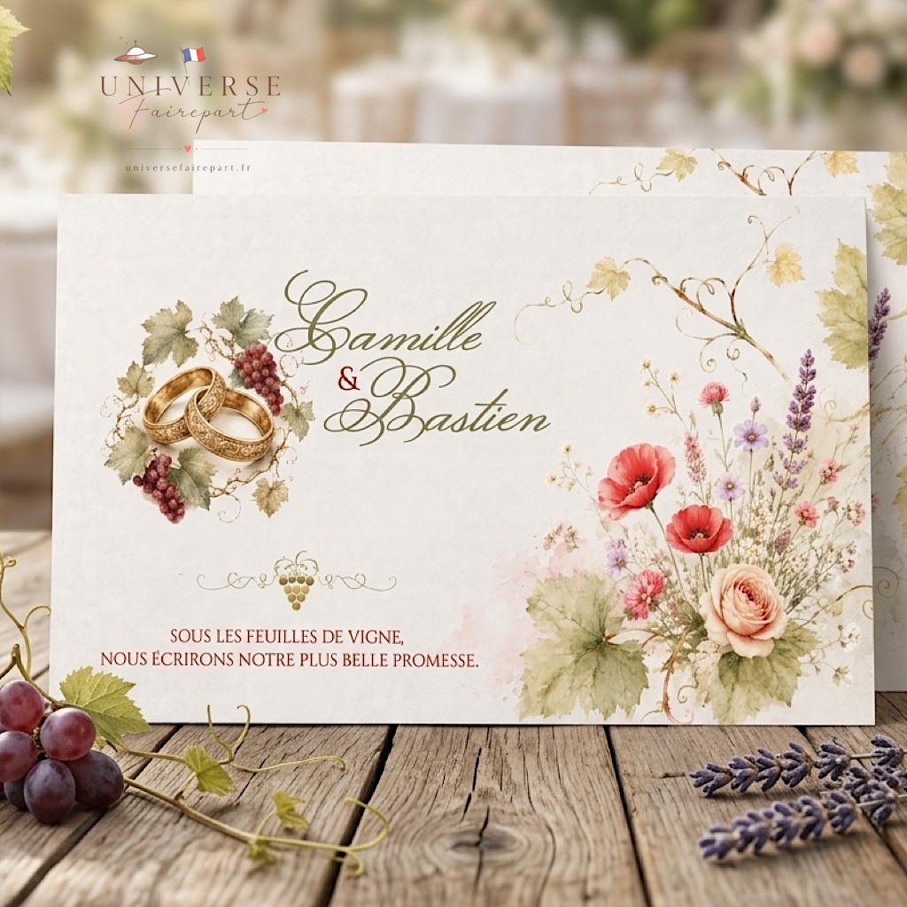 N°537 Faire-part  mariage vigne d&rsquo;amour raffiné