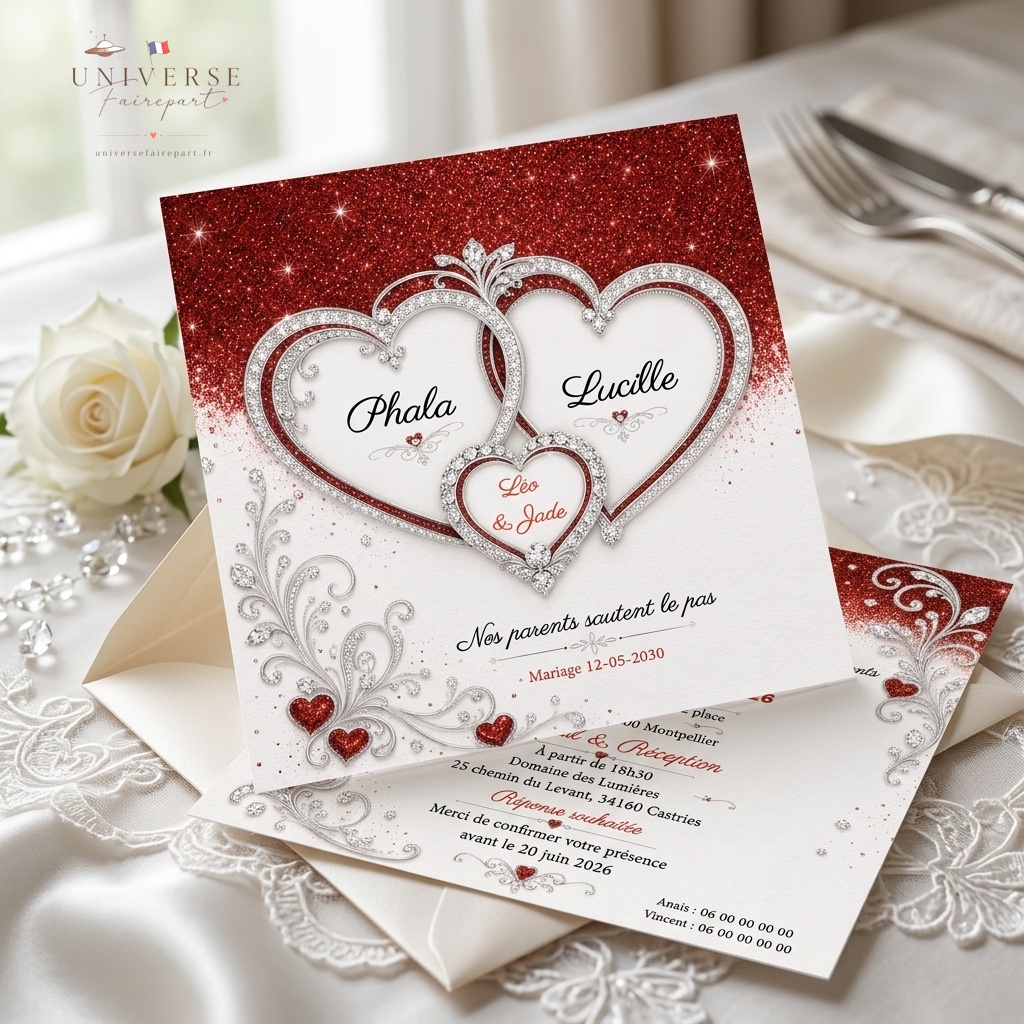 N°417 Faire-part aux cœurs rouges glam & romantiques