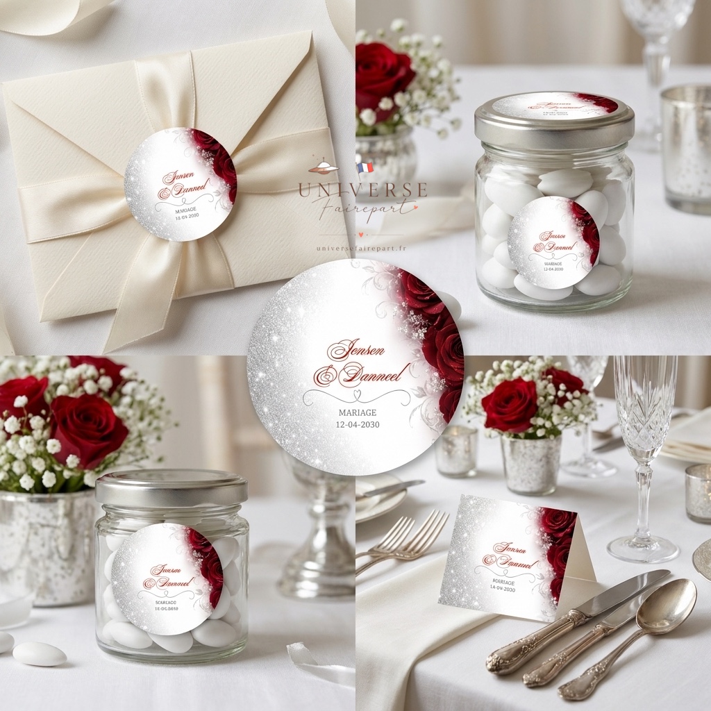 N°87.3 Rond collant mariage roses romantique argentées