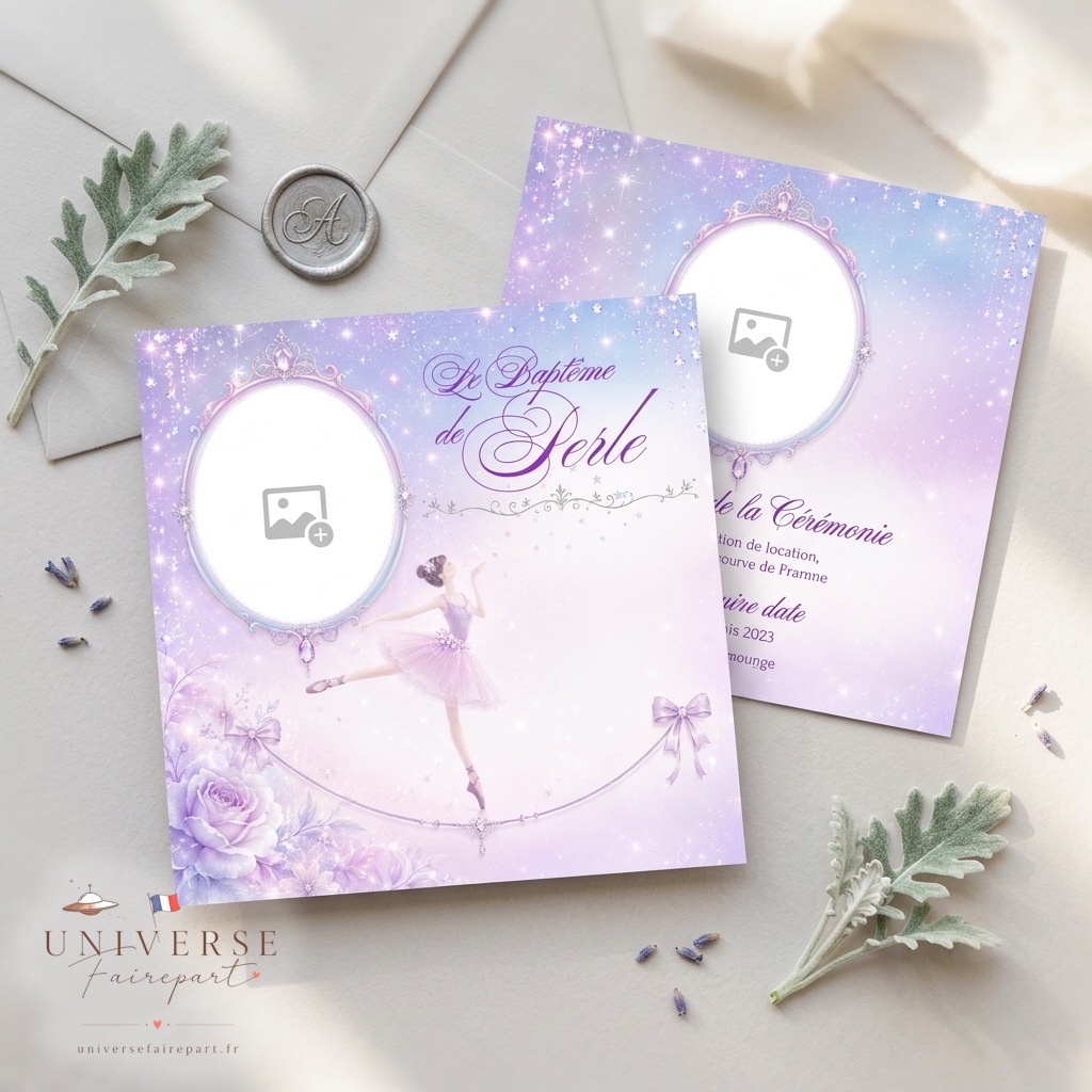 N°311 Faire-part invitation fille danseuse ballerine violet et rose