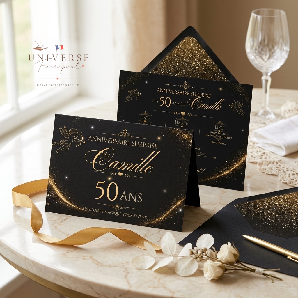 N°303 faire-part anniversaire surprise cupidon 50 ans OR et noir