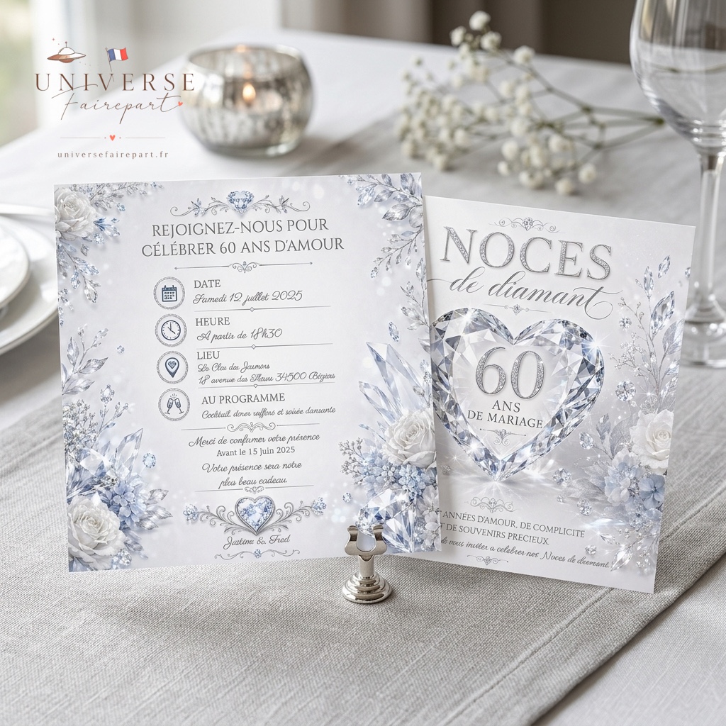N°202 Faire-part anniversaire de mariage Noces de diamant