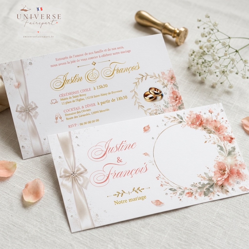 N°168 Faire-part Mariage Douceur Corail Fleurie glamour