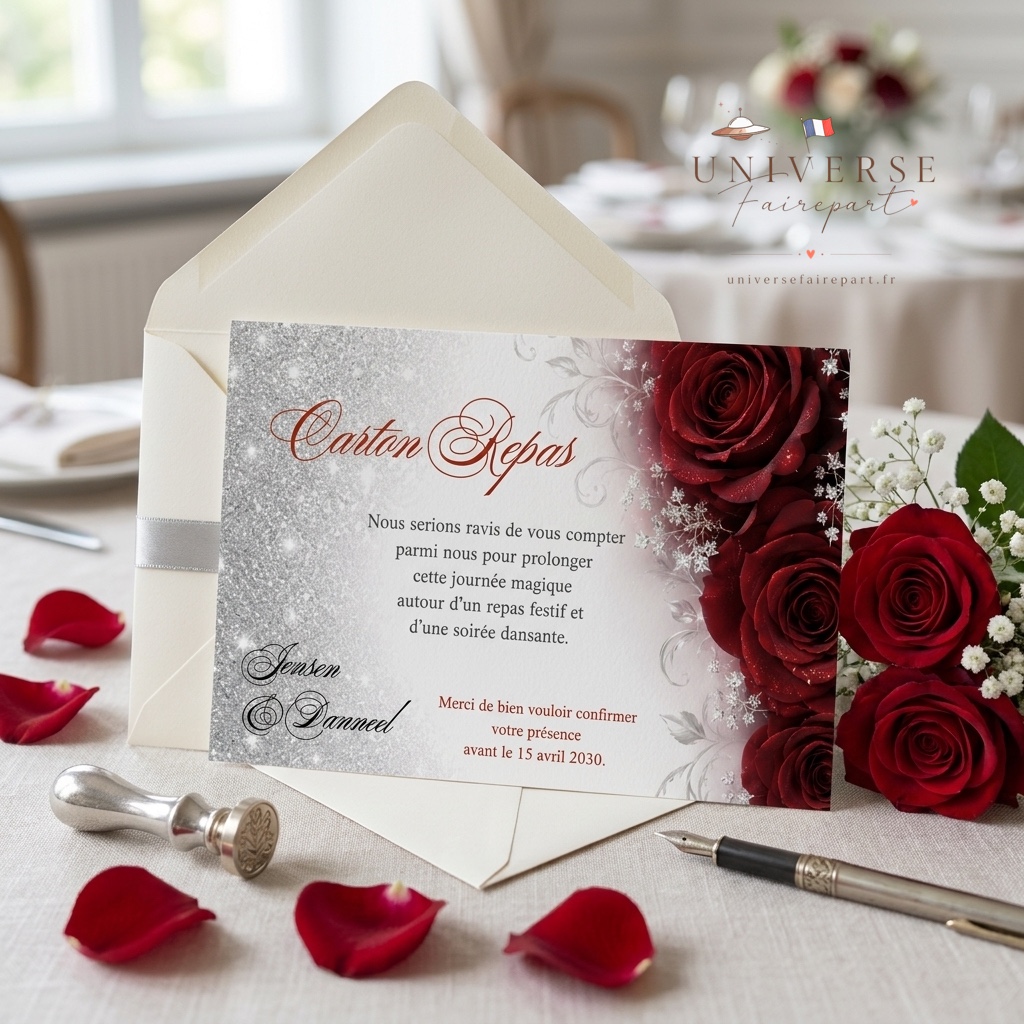 N°87.1 Carton repas mariage roses romantique argentées