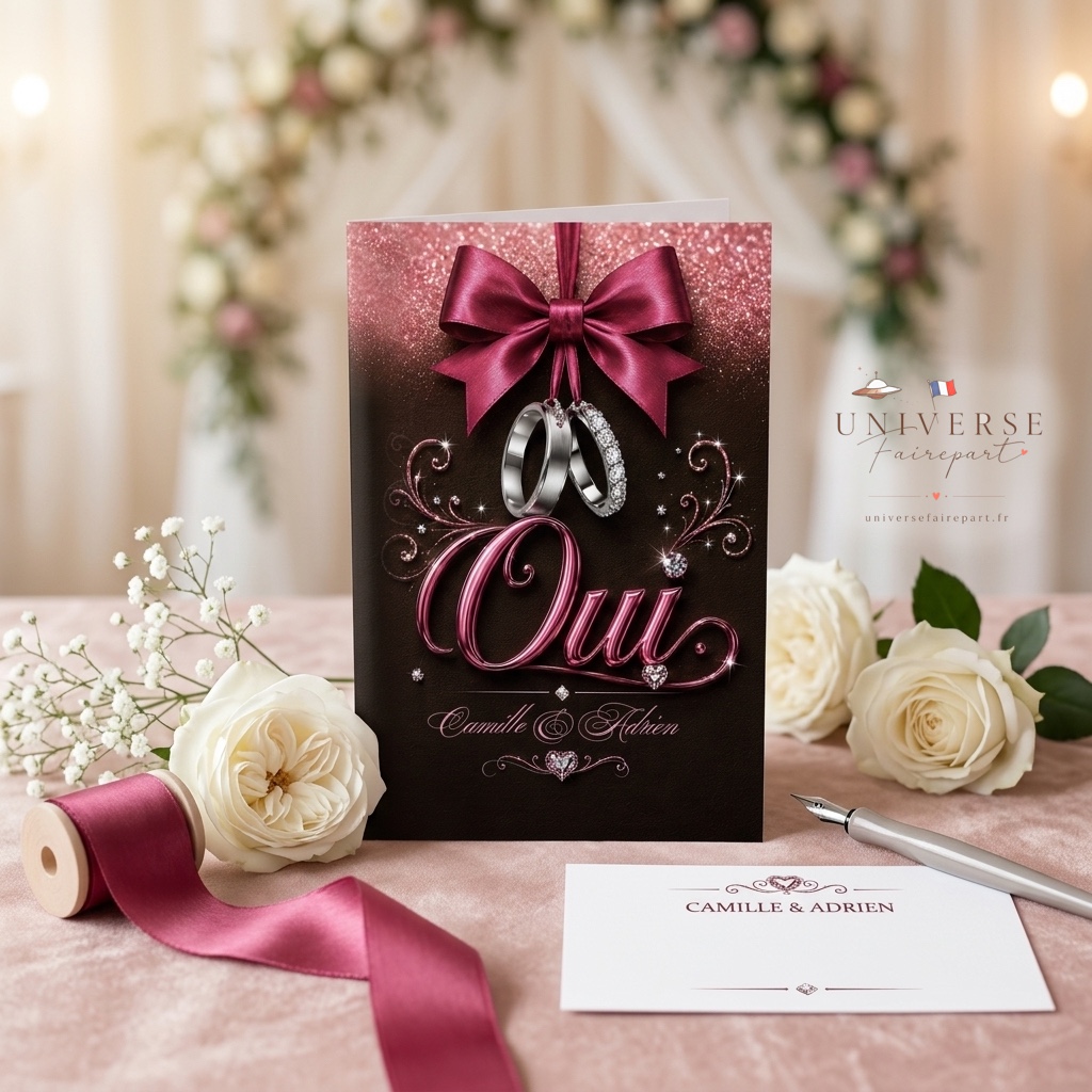 N°236  Faire-part mariage Marron chocolat et Rose glamour