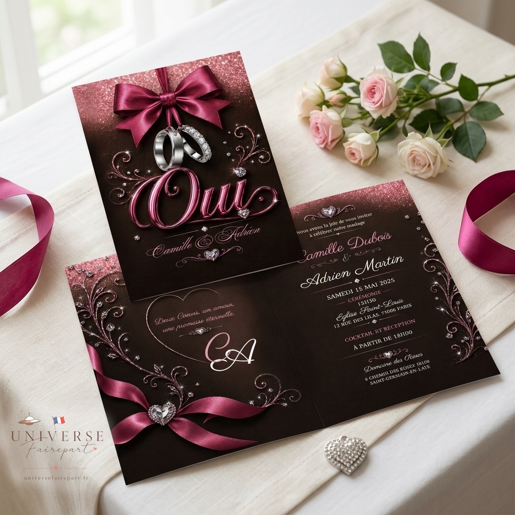 N°236  Faire-part mariage Marron chocolat et Rose glamour
