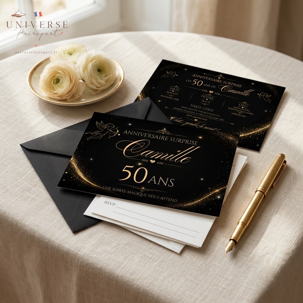 N°303 faire-part anniversaire surprise cupidon 50 ans OR et noir