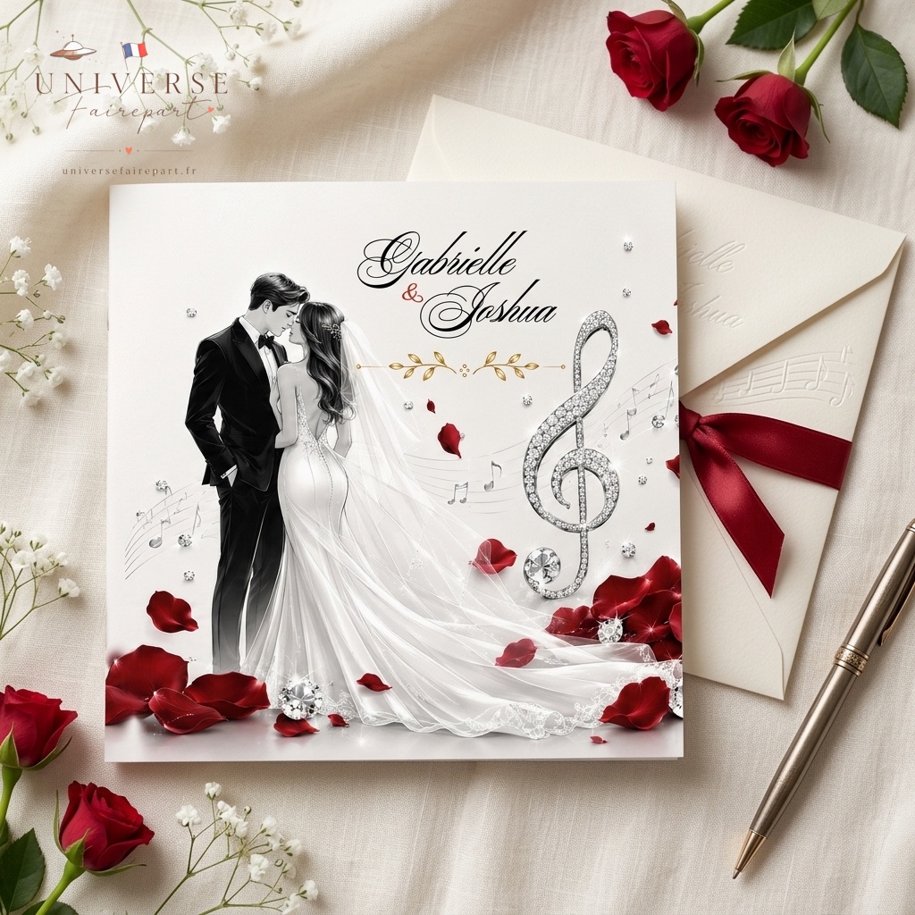 N°423 Faire-part Mariage  musique & rose glam
