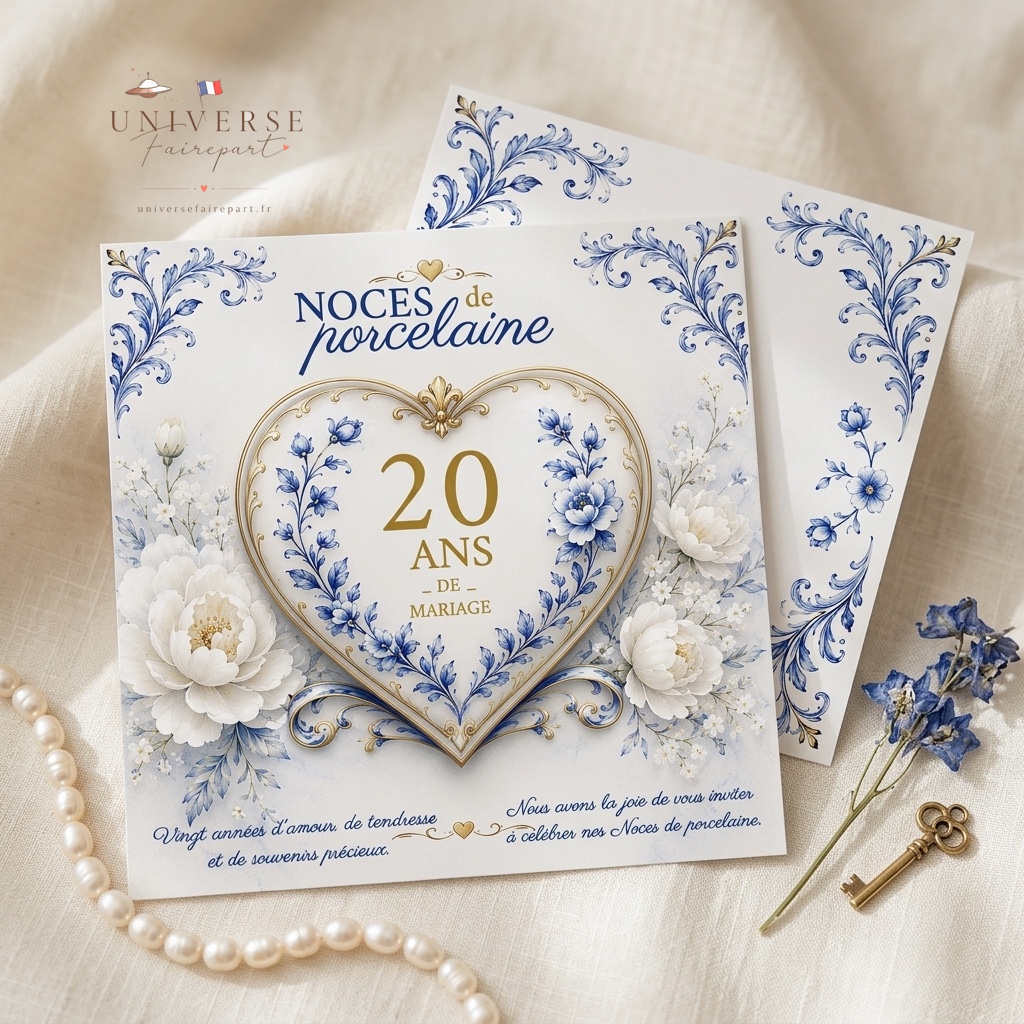 N°343 Faire-part anniversaire de mariage Noces de porcelaine