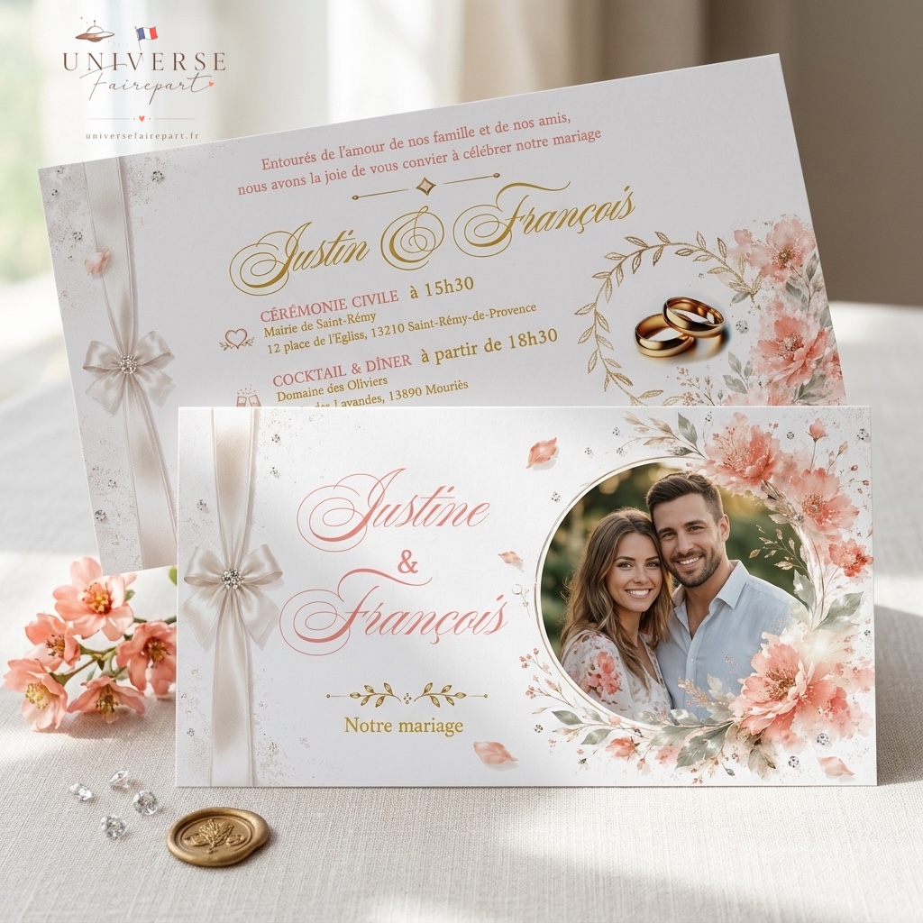 N°168 Faire-part Mariage Douceur Corail Fleurie glamour