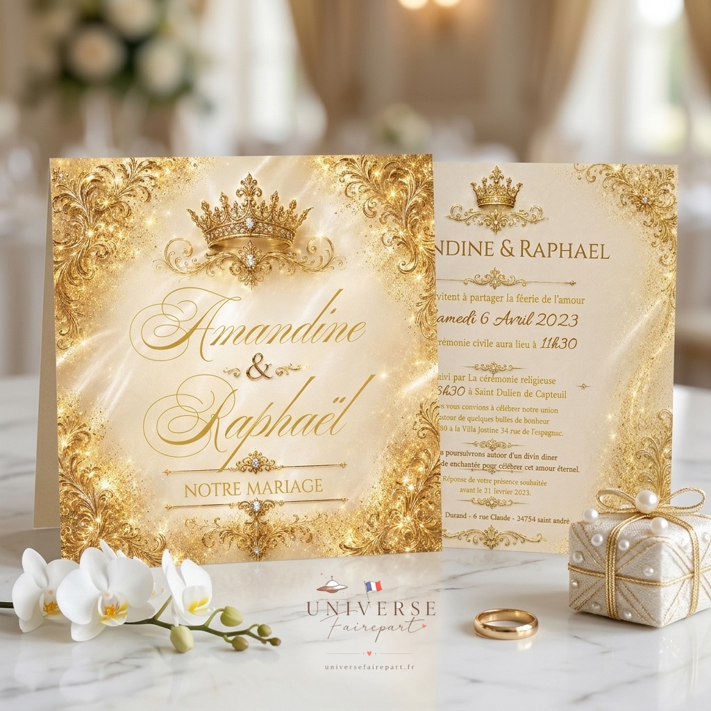 N°234 Faire-part mariage or camaïeu doré glitter
