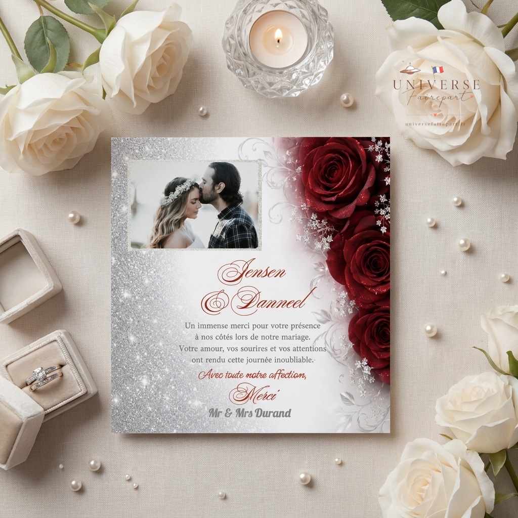 N°87.4 Remerciement mariage roses romantique argentées