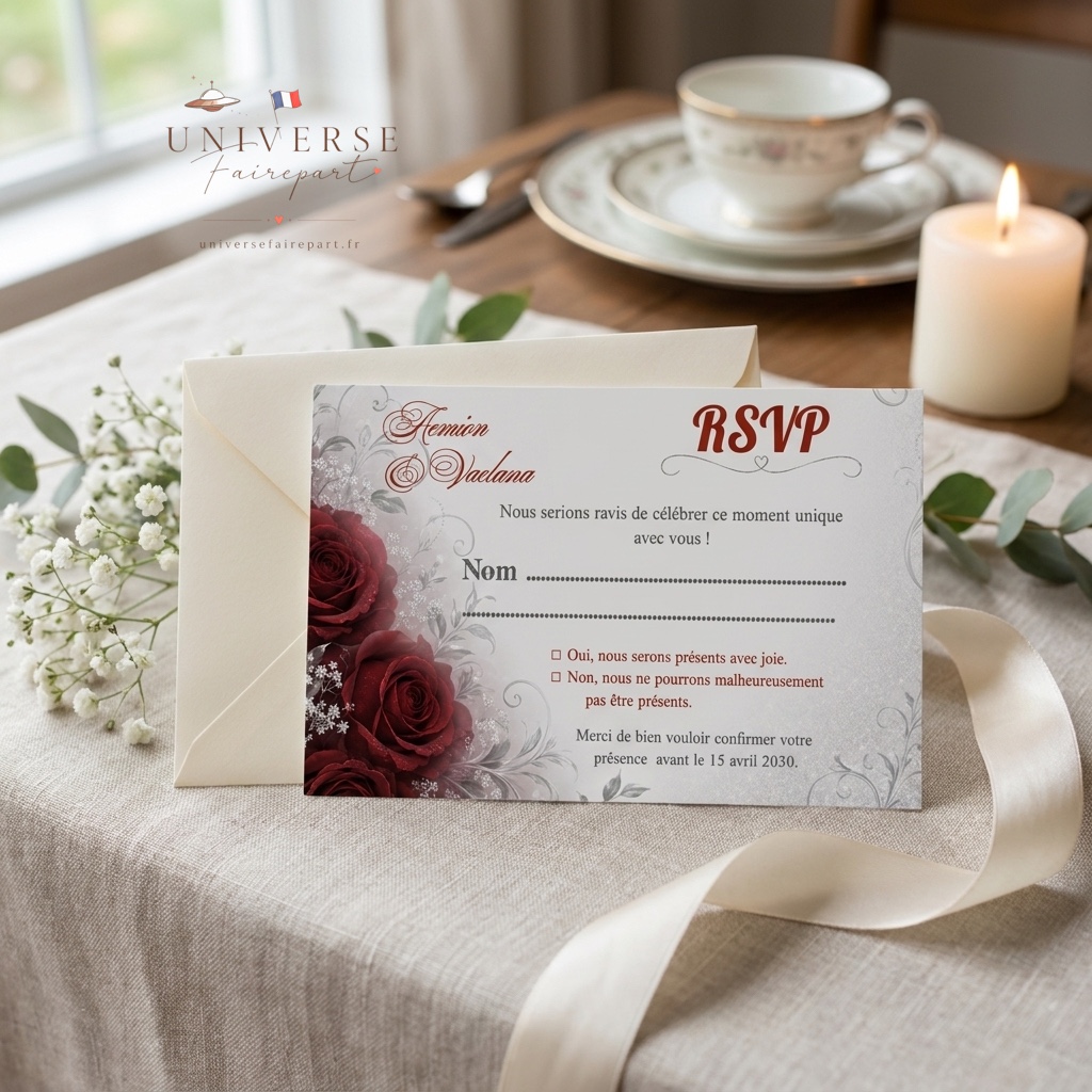 N°87.2 Carton Réponse mariage roses romantique argentées