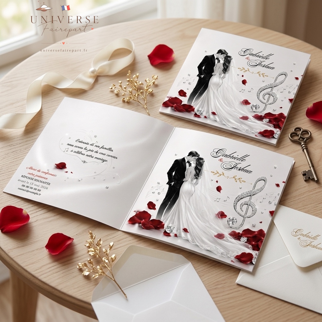 N°423 Faire-part Mariage musique & rose glam