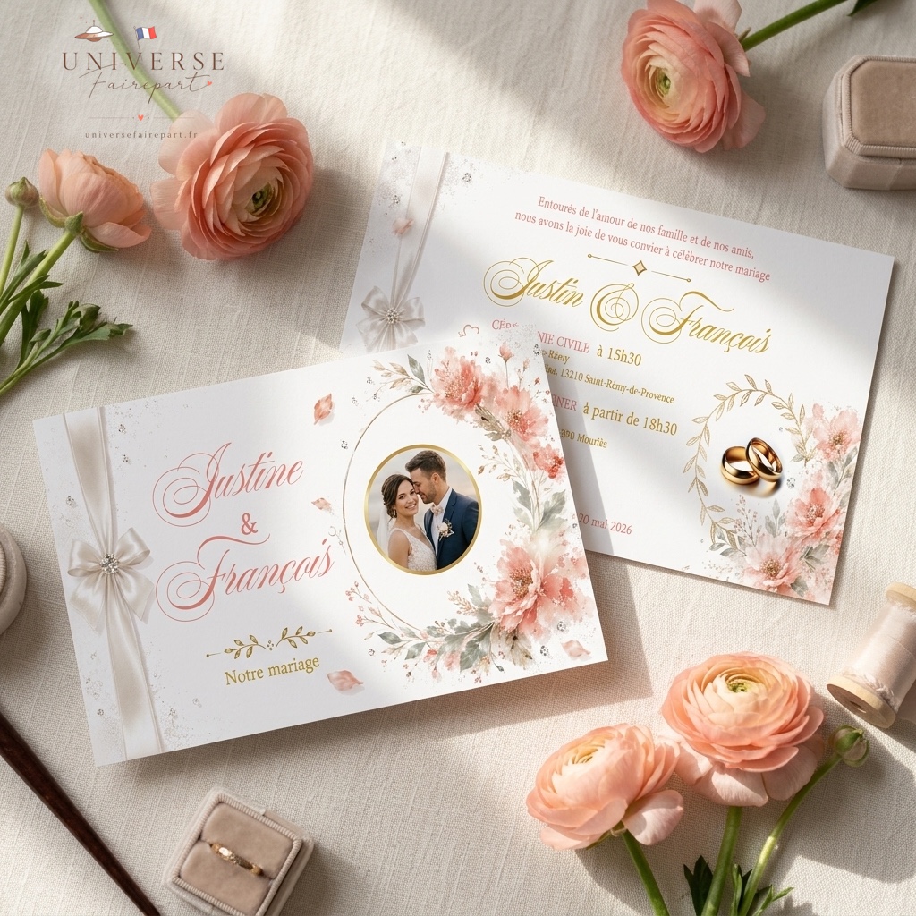 N°168 Faire-part Mariage Douceur Corail Fleurie glamour