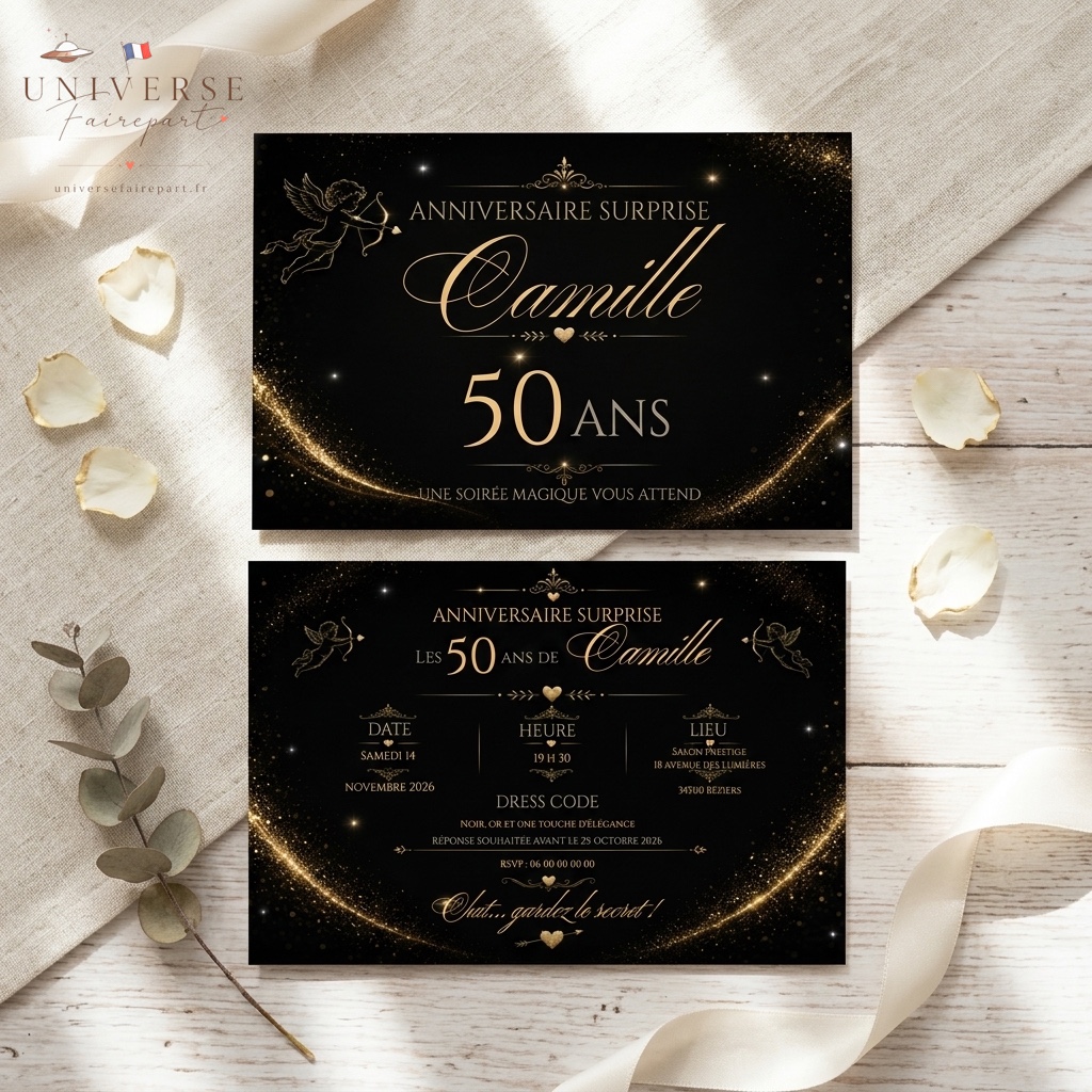 N°303 faire-part anniversaire surprise cupidon 50 ans OR et noir