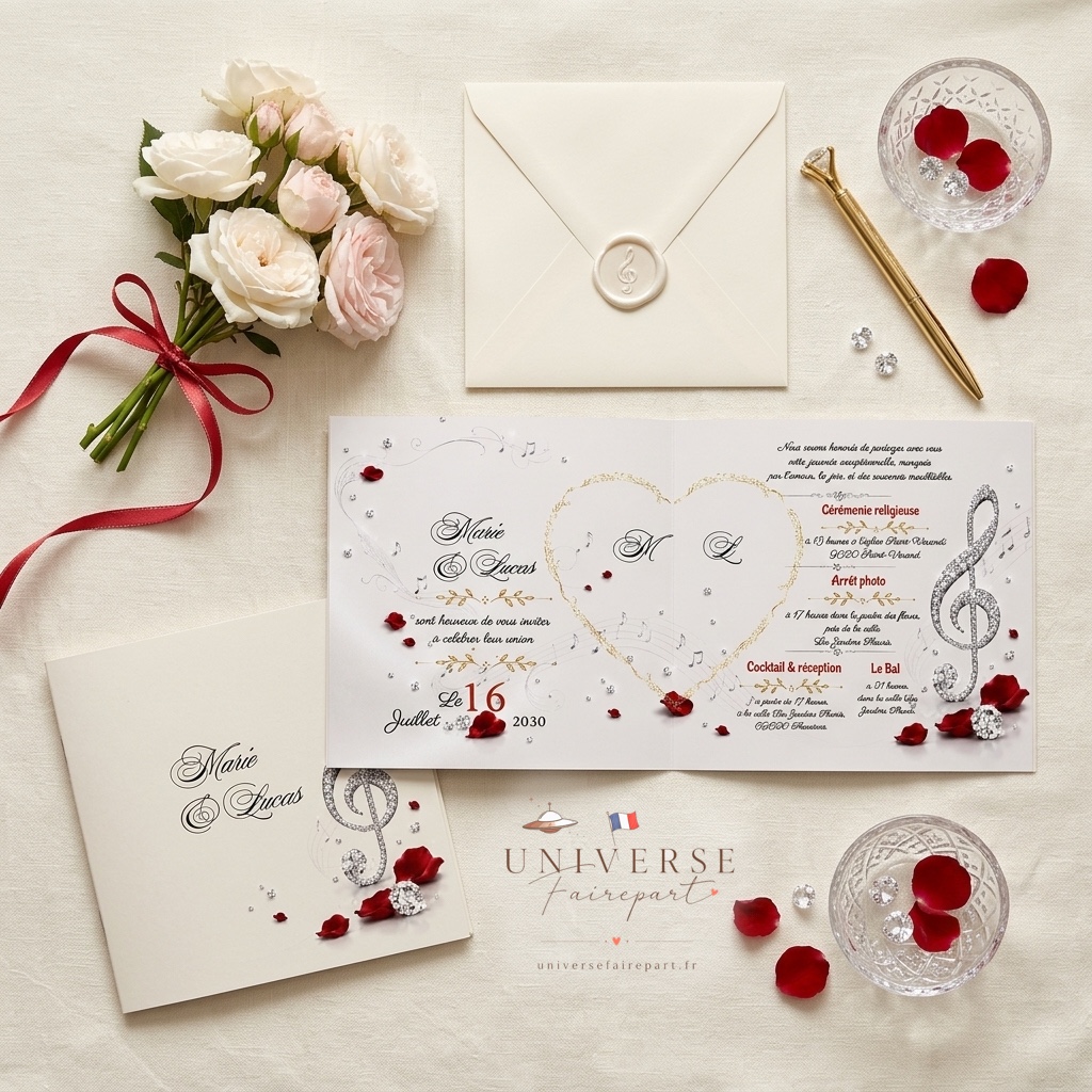 N°423 Faire-part Mariage musique & rose glam