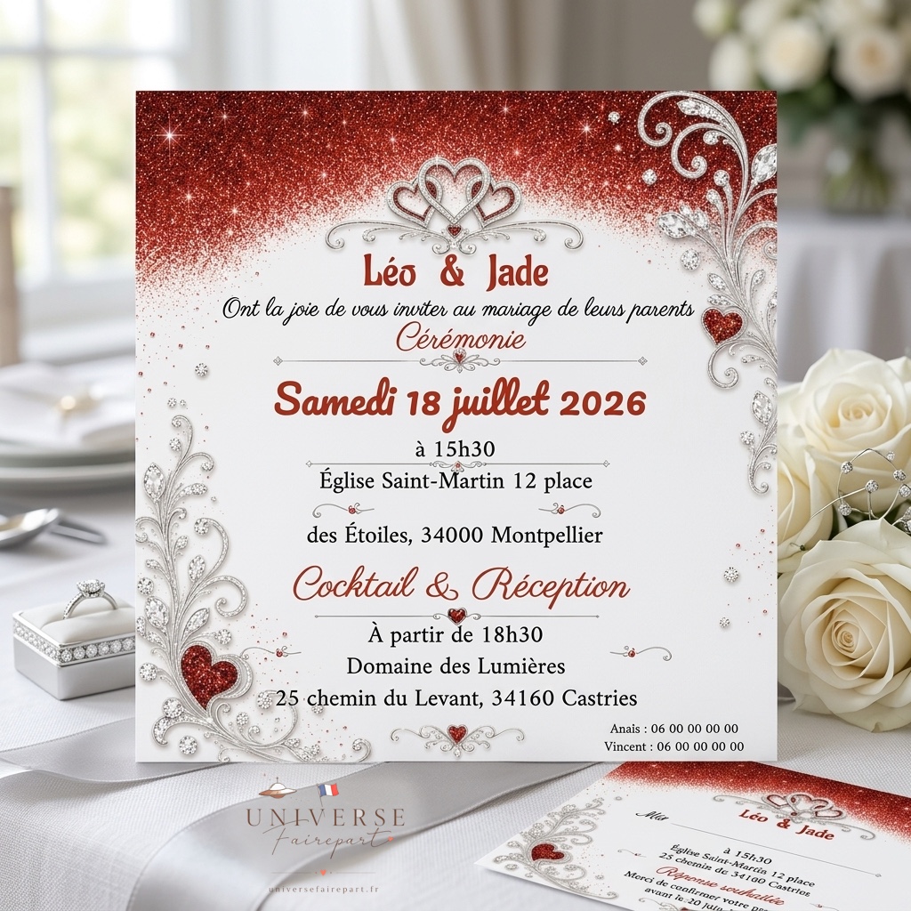 N°417 Faire-part aux cœurs rouges glam & romantiques