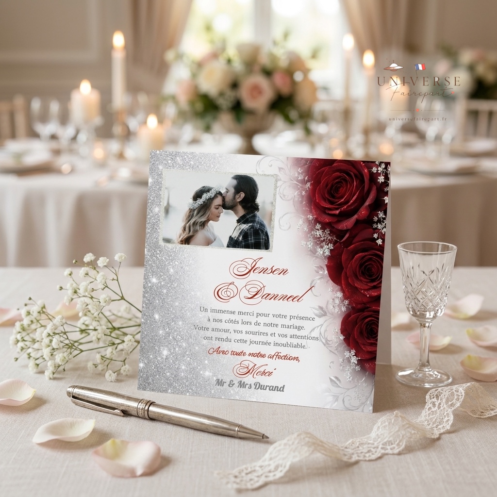 N°87.4 Remerciement mariage roses romantique argentées