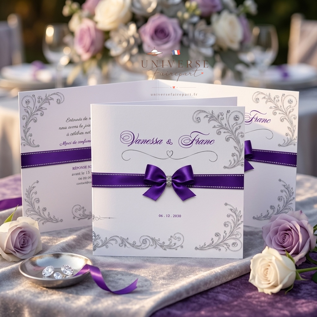 N°169 Faire-part Mariage glamour Violet Argenté