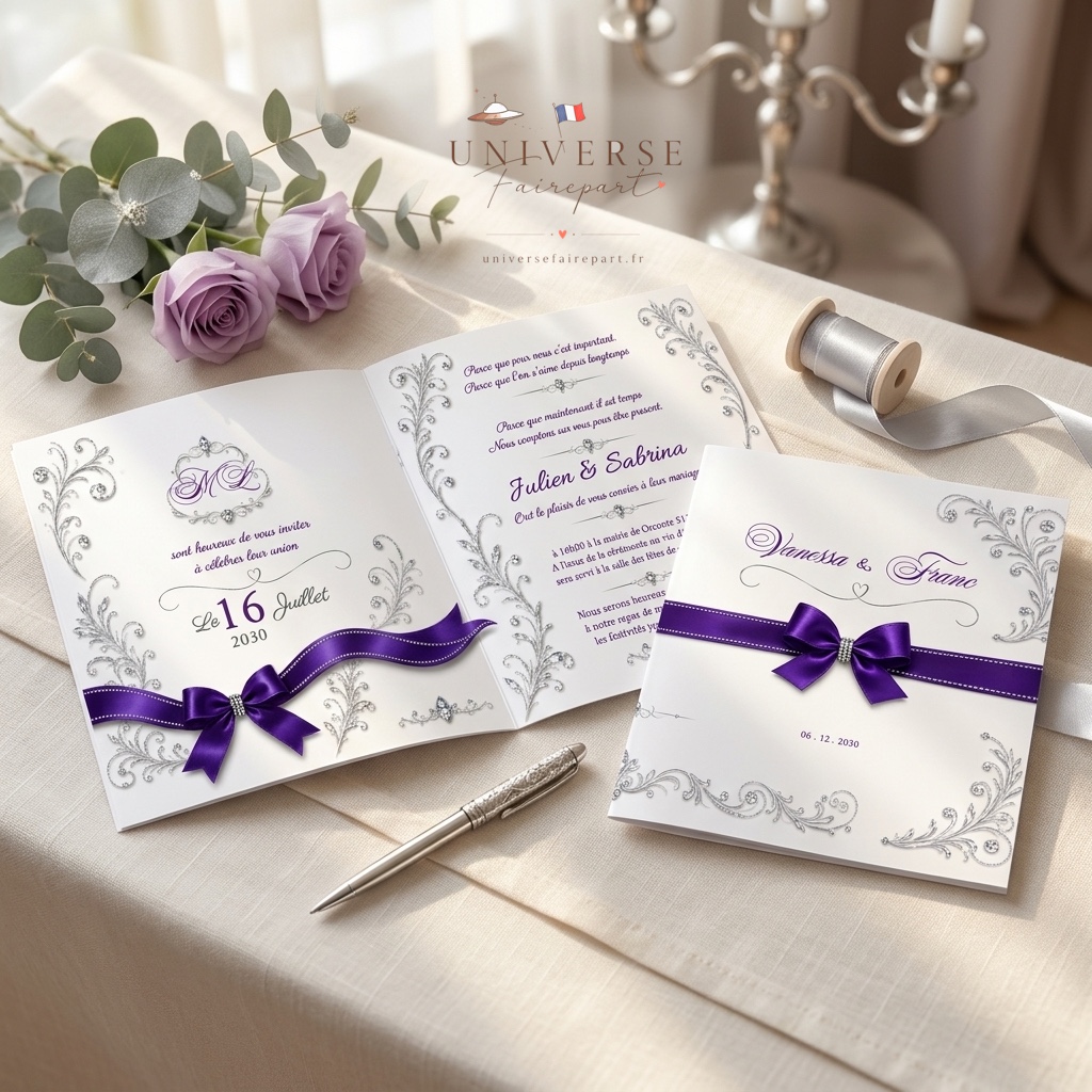 N°169 Faire-part Mariage glamour Violet Argenté