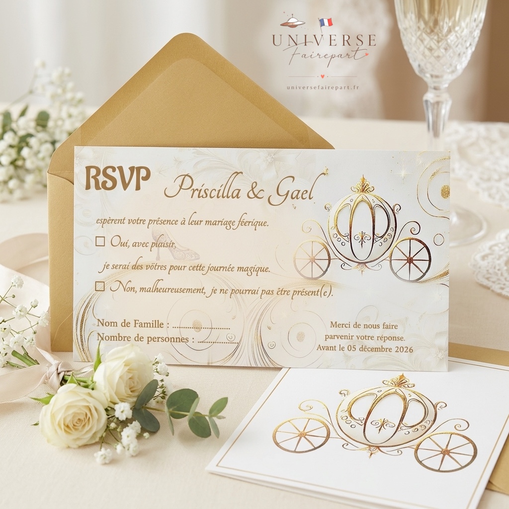 N°65.2 Carton réponse Invitation mariage Carrosse princesse
