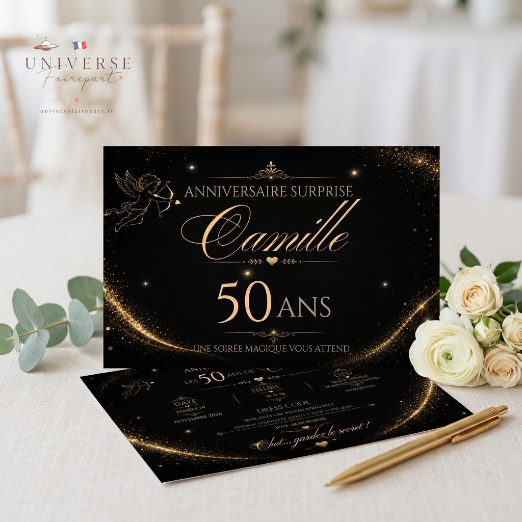 N°303 faire-part anniversaire surprise cupidon 50 ans OR et noir