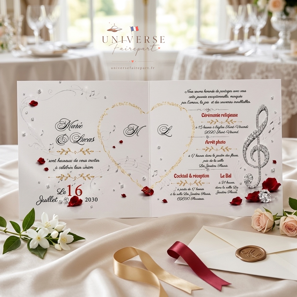 N°423 Faire-part Mariage  musique & rose glam