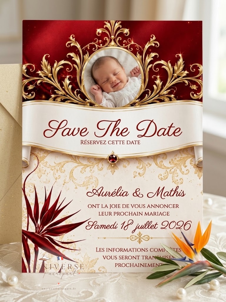 Faire-part Save the Date mariage royal Île de la Réunion
